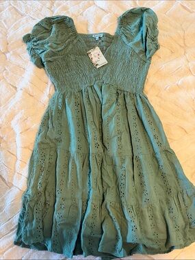 Nostalgia Sage Green Eyelet Smocked Tiered Dress for Girls